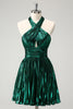 Load image into Gallery viewer, Glitter Dark Green Halter A-Line Pleated Metallic Graduation Dress