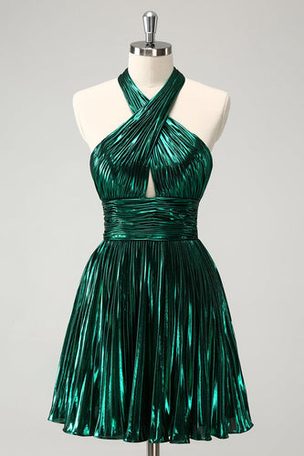 Glitter Dark Green Halter A-Line Pleated Metallic Graduation Dress