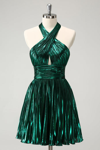 Glitter Dark Green Halter A-Line Pleated Metallic Graduation Dress