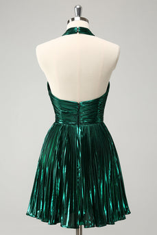 Glitter Dark Green Halter A-Line Pleated Metallic Graduation Dress