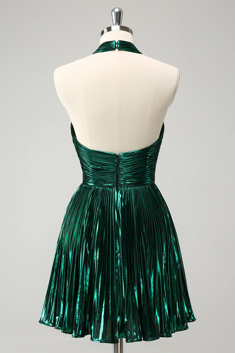 Load image into Gallery viewer, Glitter Dark Green Halter A-Line Pleated Metallic Graduation Dress