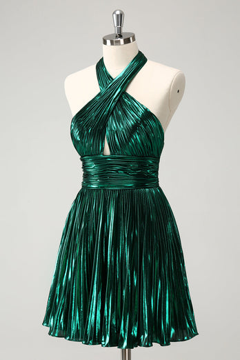 Glitter Dark Green Halter A-Line Pleated Metallic Graduation Dress