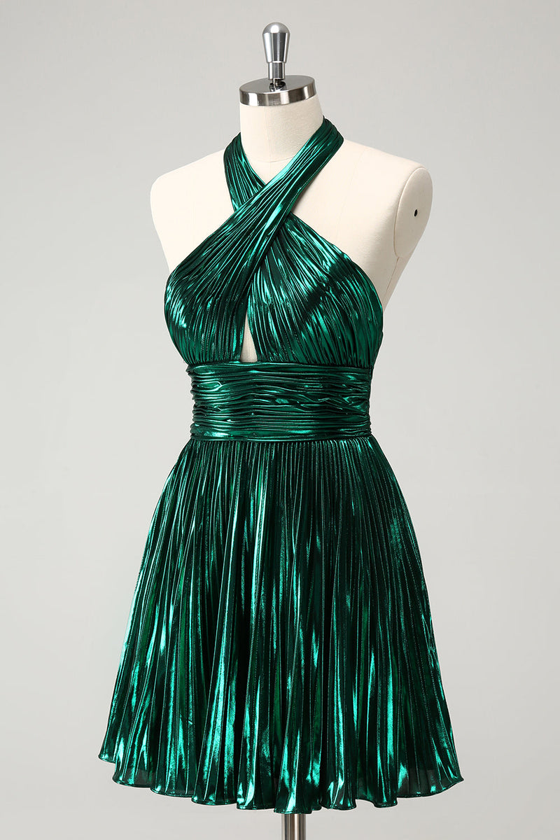 Load image into Gallery viewer, Glitter Dark Green Halter A-Line Pleated Metallic Graduation Dress