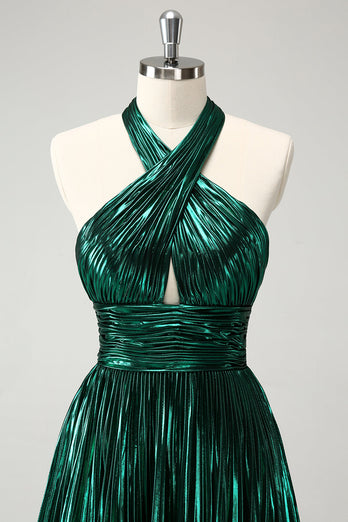 Glitter Dark Green Halter A-Line Pleated Metallic Graduation Dress