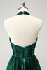 Load image into Gallery viewer, Glitter Dark Green Halter A-Line Pleated Metallic Graduation Dress