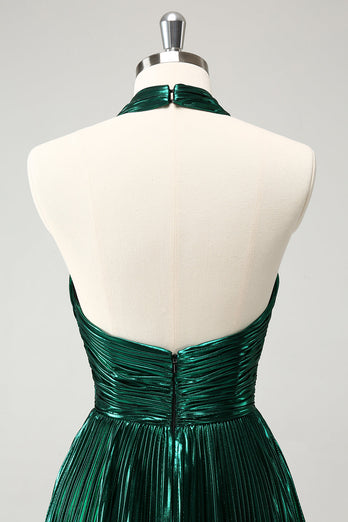 Glitter Dark Green Halter A-Line Pleated Metallic Graduation Dress