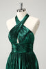 Load image into Gallery viewer, Glitter Dark Green Halter A-Line Pleated Metallic Graduation Dress