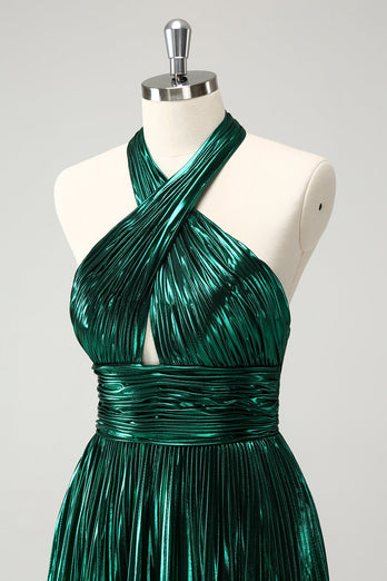 Glitter Dark Green Halter A-Line Pleated Metallic Graduation Dress