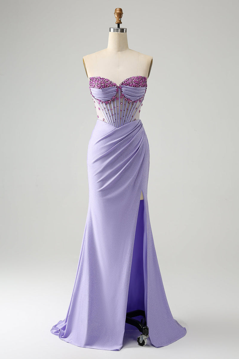 Load image into Gallery viewer, Light Purple Mermaid Strapless Ruched Beaded Corset Prom Dress with Slit