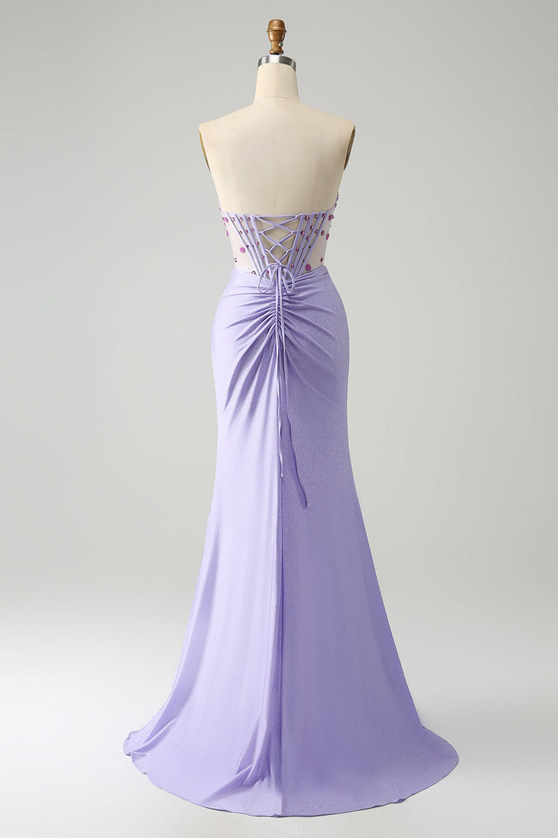 Load image into Gallery viewer, Light Purple Mermaid Strapless Ruched Beaded Corset Prom Dress with Slit