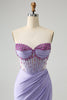 Load image into Gallery viewer, Light Purple Mermaid Strapless Ruched Beaded Corset Prom Dress with Slit