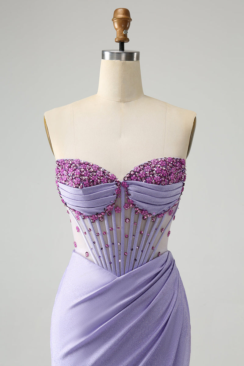 Load image into Gallery viewer, Light Purple Mermaid Strapless Ruched Beaded Corset Prom Dress with Slit