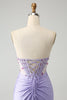 Load image into Gallery viewer, Light Purple Mermaid Strapless Ruched Beaded Corset Prom Dress with Slit