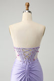 Light Purple Mermaid Strapless Ruched Beaded Corset Prom Dress with Slit