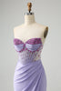 Load image into Gallery viewer, Light Purple Mermaid Strapless Ruched Beaded Corset Prom Dress with Slit