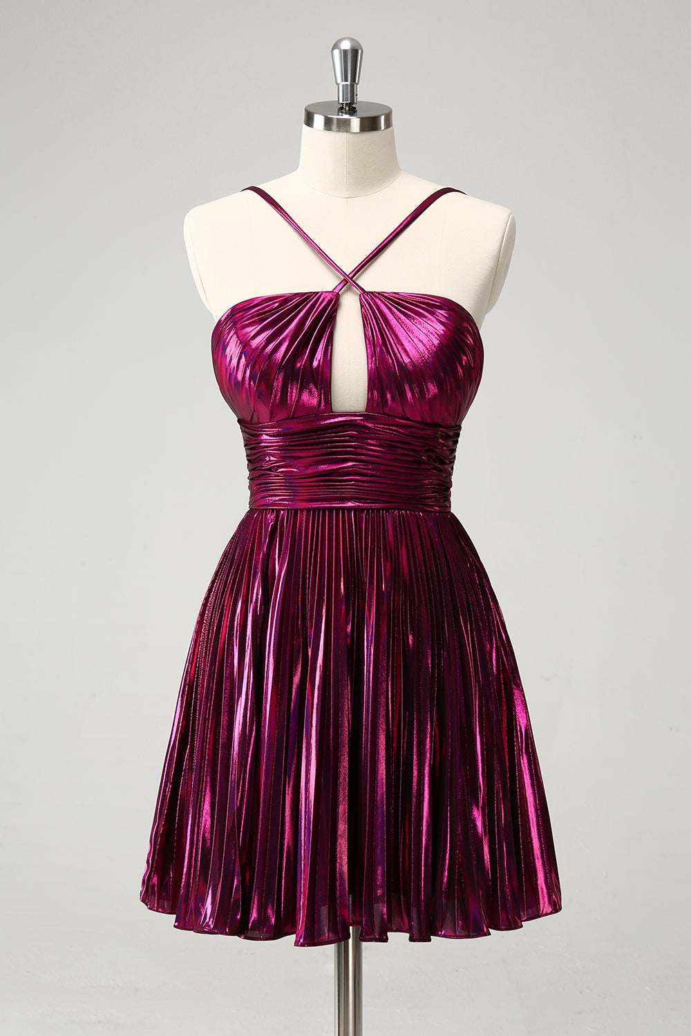 Purple A Line Halter Pleated Short Graduation Dress With Hollow Out