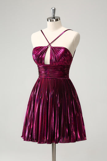 Purple A Line Halter Pleated Short Graduation Dress With Hollow Out