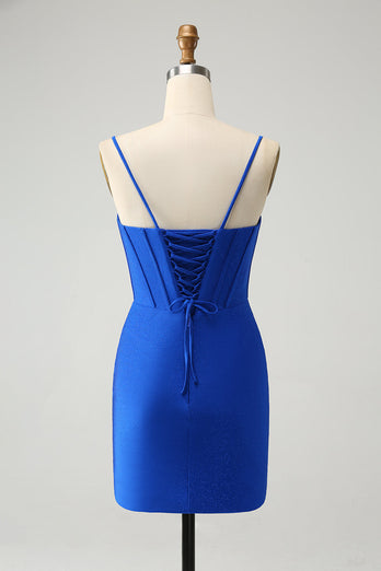 Sparkly Royal Blue Tight Corset Spaghetti Straps Graduation Dress