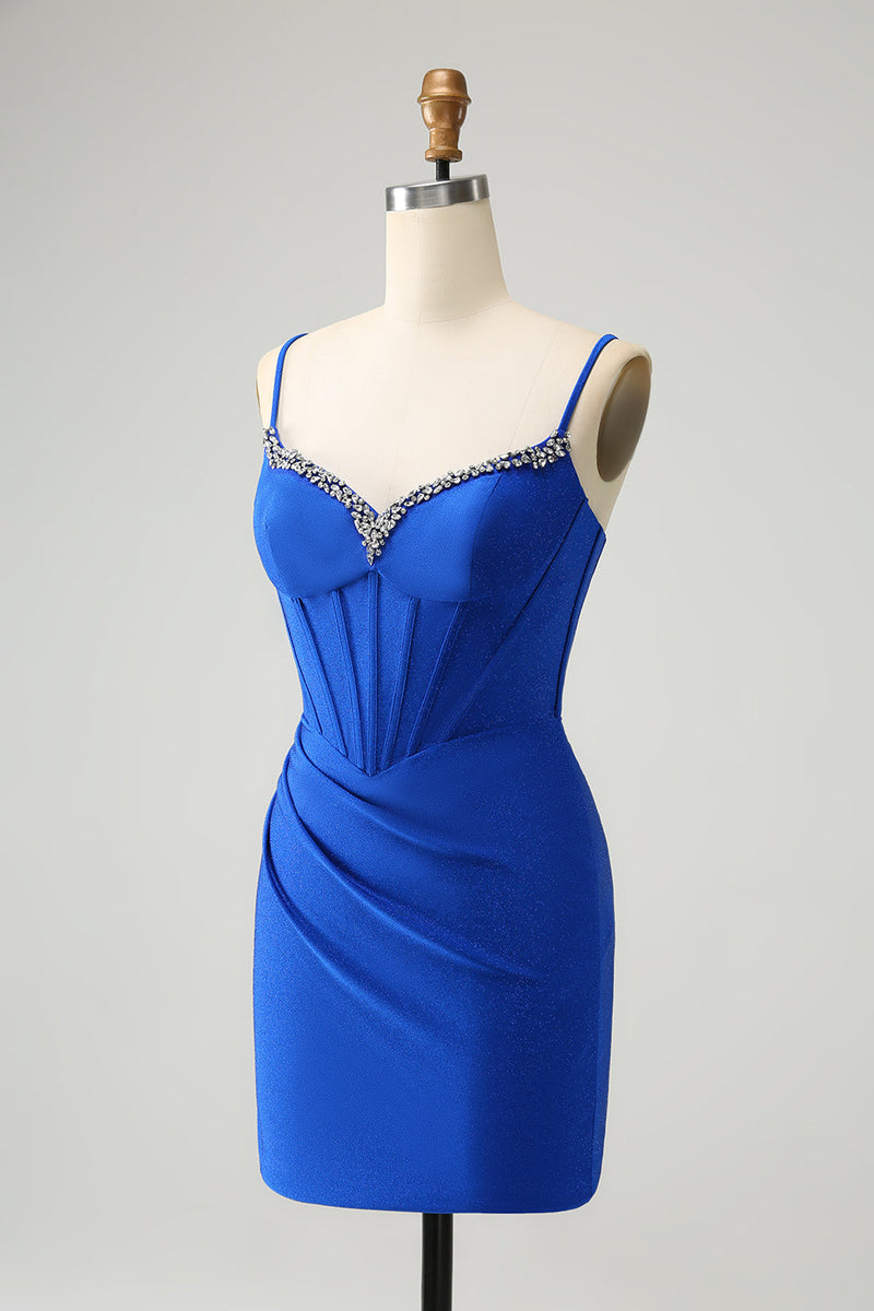 Load image into Gallery viewer, Sparkly Royal Blue Tight Corset Spaghetti Straps Graduation Dress