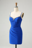 Sparkly Royal Blue Tight Corset Spaghetti Straps Graduation Dress