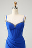 Load image into Gallery viewer, Sparkly Royal Blue Tight Corset Spaghetti Straps Graduation Dress