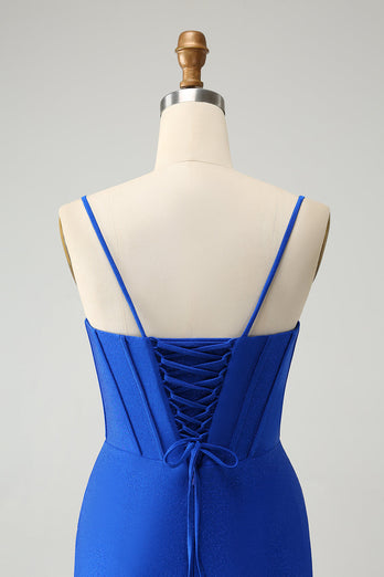 Sparkly Royal Blue Tight Corset Spaghetti Straps Graduation Dress