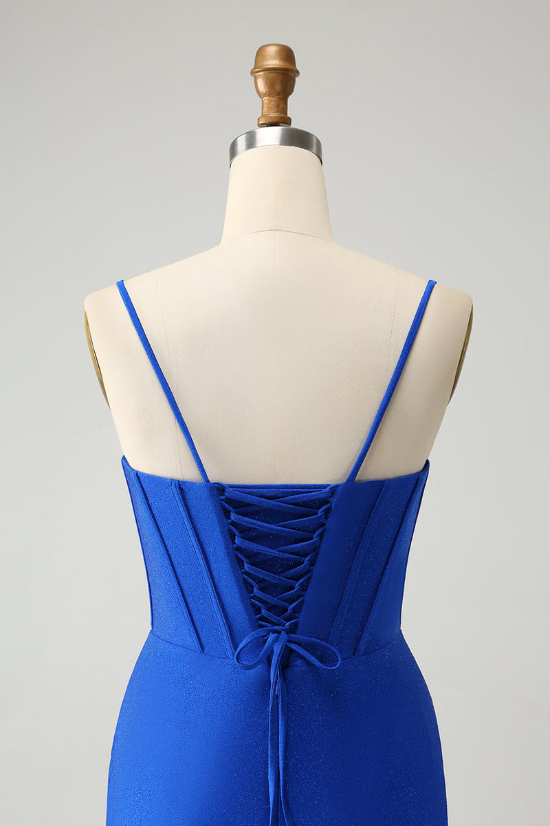 Load image into Gallery viewer, Sparkly Royal Blue Tight Corset Spaghetti Straps Graduation Dress