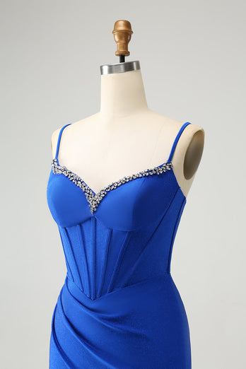 Sparkly Royal Blue Tight Corset Spaghetti Straps Graduation Dress