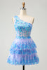 Load image into Gallery viewer, Sparkly Light Blue A-Line One Shoulder Tiered Sequined Graduation Dress