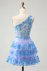 Load image into Gallery viewer, Sparkly Light Blue A-Line One Shoulder Tiered Sequined Graduation Dress