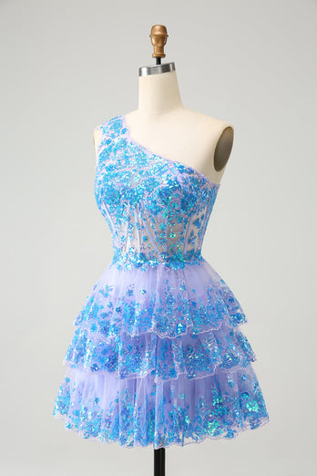 Sparkly Light Blue A-Line One Shoulder Tiered Sequined Graduation Dress