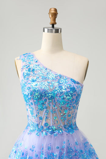 Sparkly Light Blue A-Line One Shoulder Tiered Sequined Graduation Dress