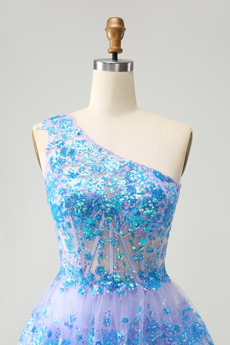 Load image into Gallery viewer, Sparkly Light Blue A-Line One Shoulder Tiered Sequined Graduation Dress