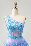 Sparkly Light Blue A-Line One Shoulder Tiered Sequined Graduation Dress