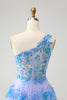 Load image into Gallery viewer, Sparkly Light Blue A-Line One Shoulder Tiered Sequined Graduation Dress