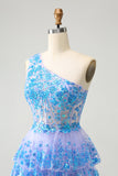 Sparkly Light Blue A-Line One Shoulder Tiered Sequined Graduation Dress