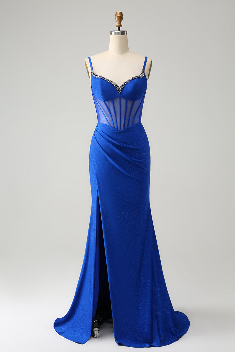 Load image into Gallery viewer, Sparkly Royal Blue Mermaid Beaded Corset Long Prom Dress with Slit