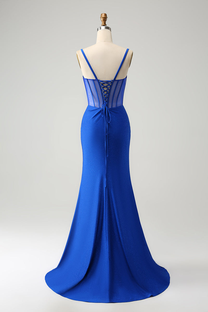 Load image into Gallery viewer, Sparkly Royal Blue Mermaid Beaded Corset Long Prom Dress with Slit