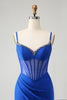 Load image into Gallery viewer, Sparkly Royal Blue Mermaid Beaded Corset Long Prom Dress with Slit