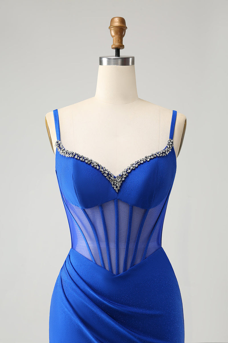 Load image into Gallery viewer, Sparkly Royal Blue Mermaid Beaded Corset Long Prom Dress with Slit