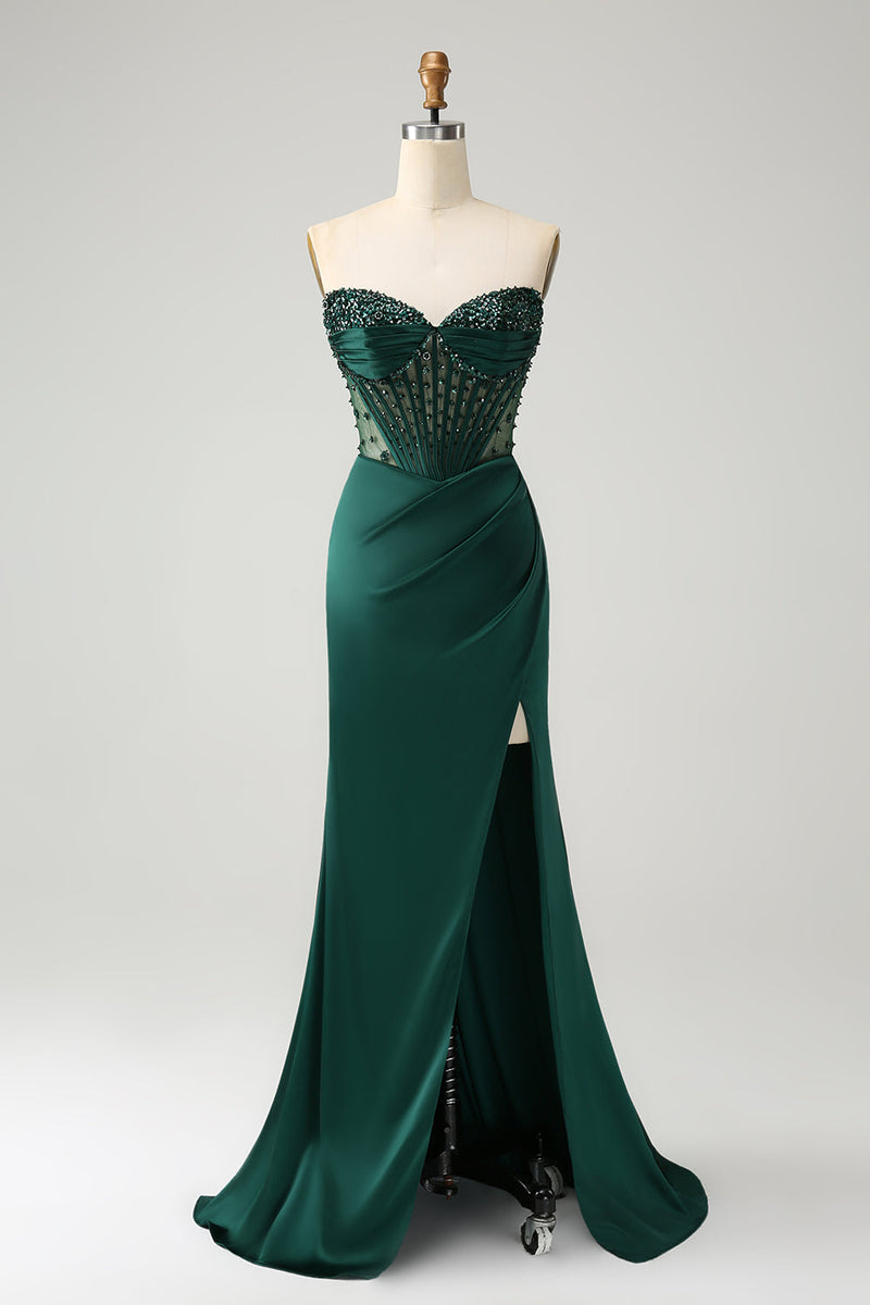 Load image into Gallery viewer, Sparkly Dark Green Mermaid Strapless Beaded Corset Long Prom Dress with Slit