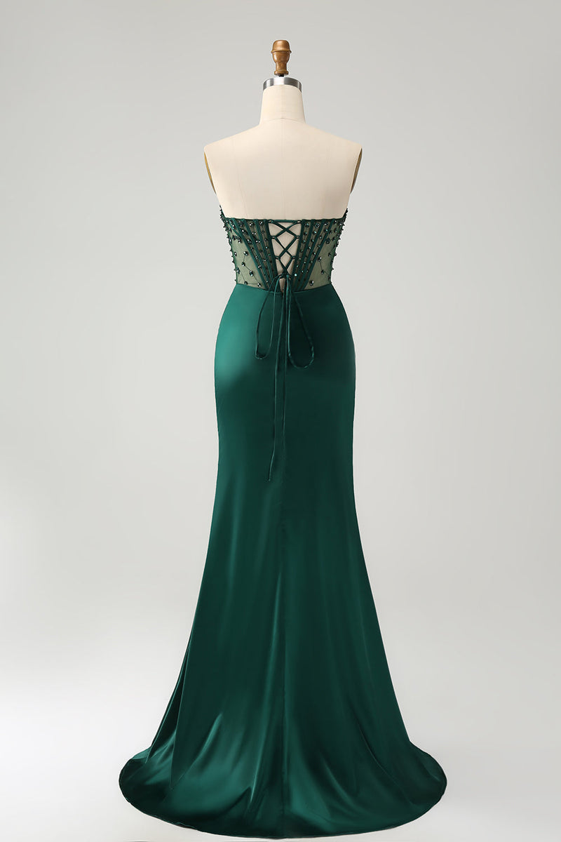 Load image into Gallery viewer, Sparkly Dark Green Mermaid Strapless Beaded Corset Long Prom Dress with Slit