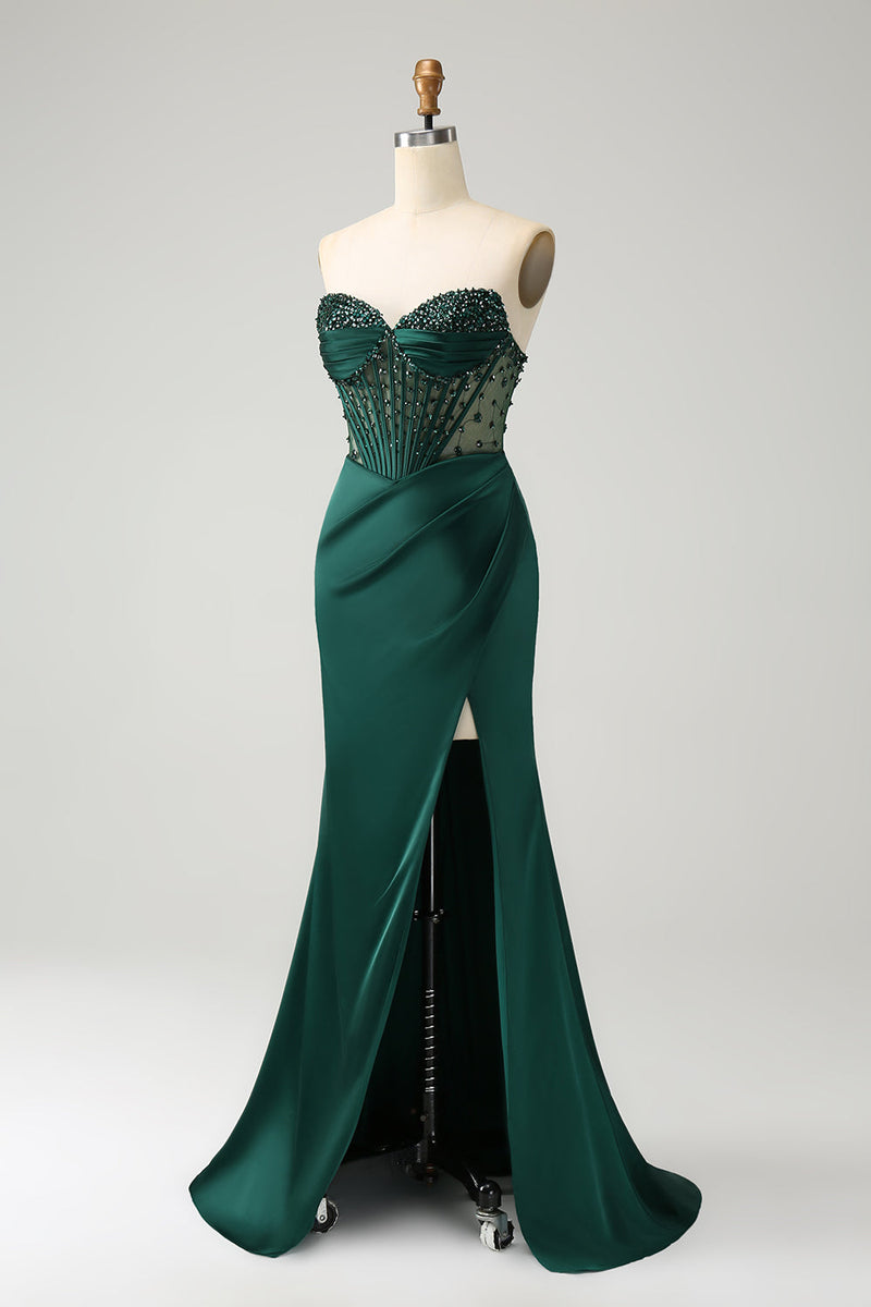 Load image into Gallery viewer, Sparkly Dark Green Mermaid Strapless Beaded Corset Long Prom Dress with Slit