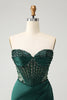 Load image into Gallery viewer, Sparkly Dark Green Mermaid Strapless Beaded Corset Long Prom Dress with Slit