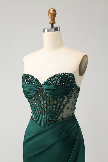 Sparkly Dark Green Mermaid Strapless Beaded Corset Long Prom Dress with Slit