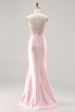 Strapless Pink Mermaid Beaded Corset Long Prom Dress with Slit