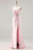 Strapless Pink Mermaid Beaded Corset Long Prom Dress with Slit