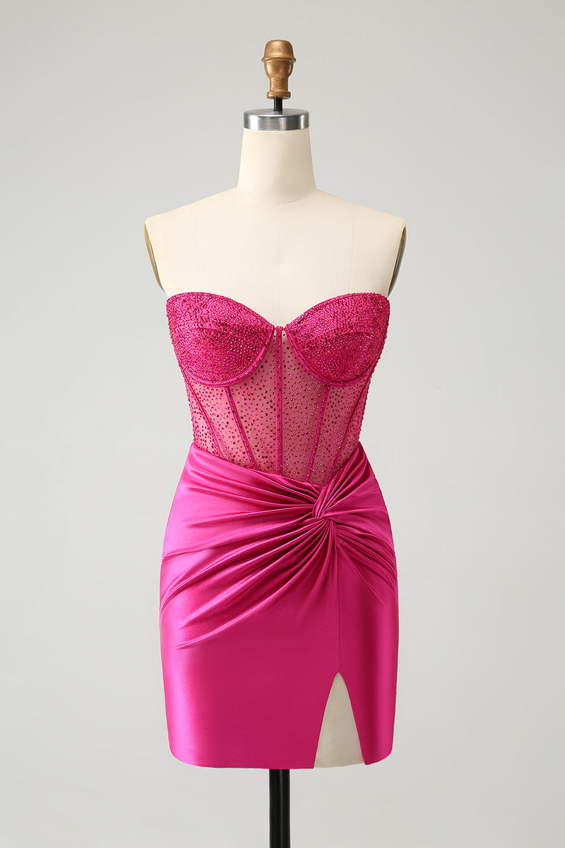 Load image into Gallery viewer, Sparkly Fuchsia Tight Beaded Corset Strapless Graduation Dress