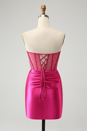 Sparkly Fuchsia Tight Beaded Corset Strapless Graduation Dress