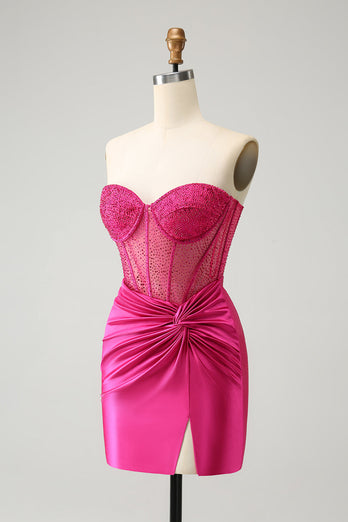 Sparkly Fuchsia Tight Beaded Corset Strapless Graduation Dress